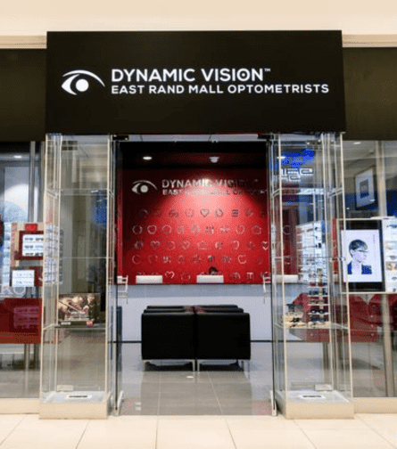 Dynamic Vision East Rand Mall Optometrists store entrance with branded signage and eyewear displays