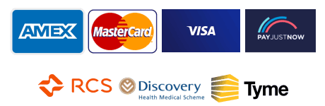 Logos of Amex, Mastercard, Visa, Pay Just Now, RCS, Discovery Health Medical Scheme, and Tyme, all acceptable forms of payment at Dynamic Vision Optometrists