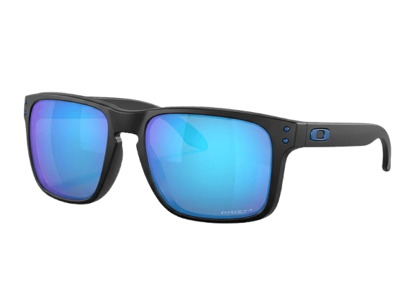 Oakley Holbrook sunglasses in matte black with a blue mirrored Prizm Sapphire lens