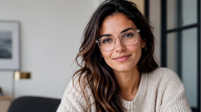 Woman wearing SEIKO everyday prescription lenses indoors, available at Dynamic Vision Optometrists in South Africa